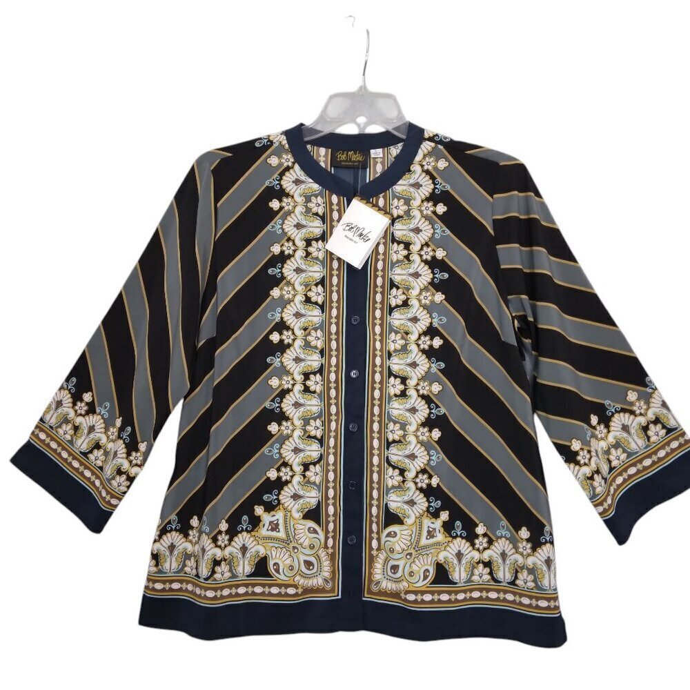 Bob Mackie Bombay Placement Print Long Sleeve Button Front Blouse Multi Size L